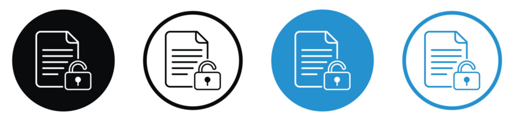 Document icon paired with a unlock padlock symbol to indicate secure data, encrypted files, or privacy protection. Perfect for cybersecurity, legal, and confidential business web interfaces.