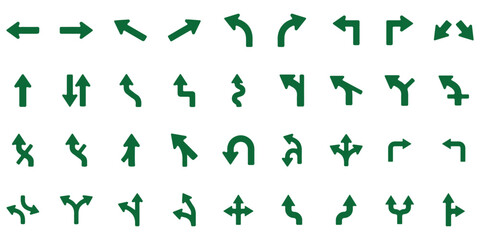 Traffic direction arrow vector set, road sign icons, intersection symbols, curved and U-turn indicators, infrastructure signage, black silhouette illustration © paradise@11111111111