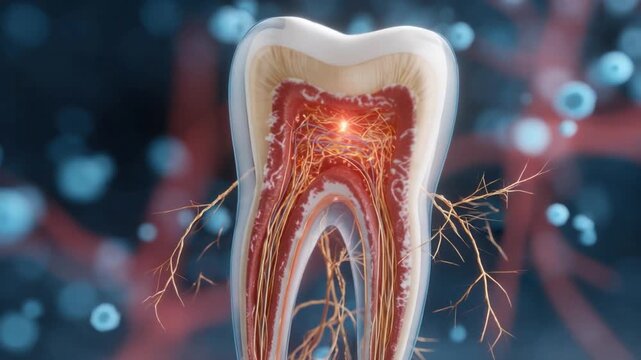Tooth Anatomy: A detailed cross-section of a tooth, revealing its intricate internal structure with nerves and tissues, set against a dark background, illustrating dental health