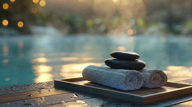 Spa essentials stacked stones and rolled towels on a tray by a steamy pool