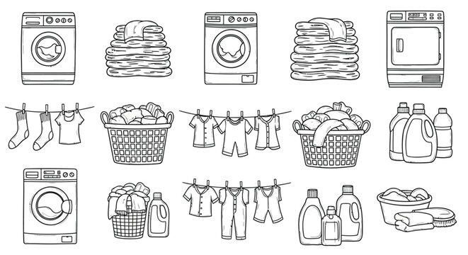 Laundry room elements including machines clotheslines and folded items silhouette