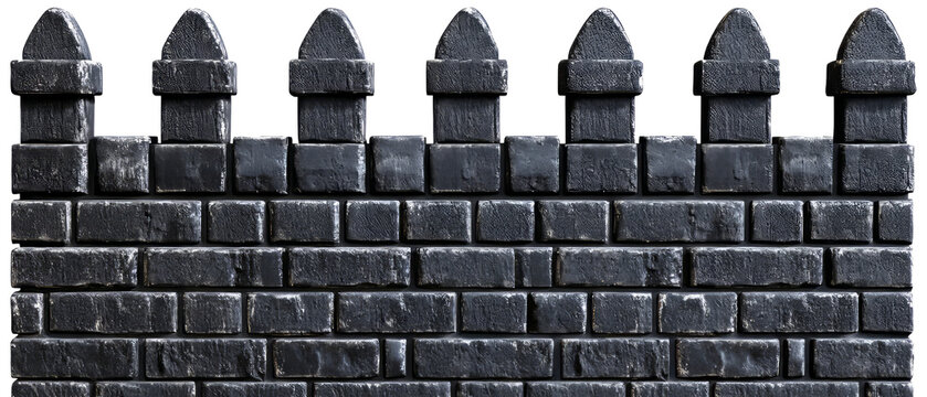 Charcoal Brick Wall With Battlements. Detailed, Textured Background For Creative Designs.