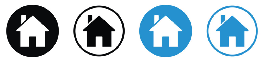 Fototapeta premium Simple house and home vector icons for real estate and apps. Residential building symbols in black and blue circular styles. Homepage and property management graphics for web and mobile UI.