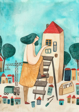 Woman building a house in her new home country