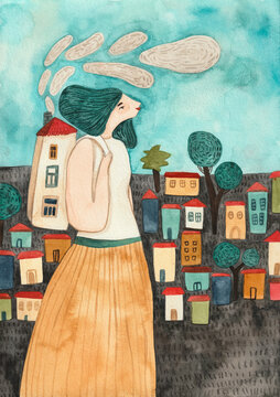 Woman arriving to a new country and finding a place for her new home. 