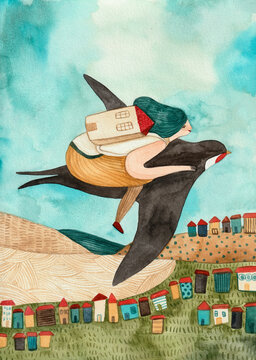 Woman flying on a sparrow to move to another country. 