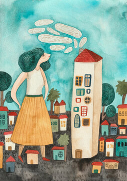 A woman looking at a building and feeling proud of her home and what she has built. 