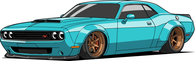 Vibrant teal sports car illustration showcasing sleek design, modern vehicle, vibrant colors, dynamic wheels, and sporty features from a frontal perspective © faisalaladabi