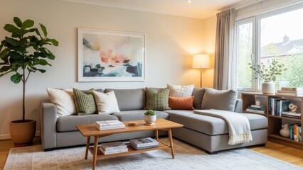 Obraz premium Cozy living room with sectional sofa, abstract art, warm light, and houseplant