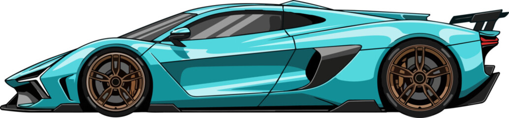 A sleek, teal sports car speeding down a track, viewed from the side with a dynamic, aerodynamic design. © faisalaladabi