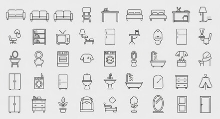 Collection of Hand Drawn Furniture and Home Object Icons.