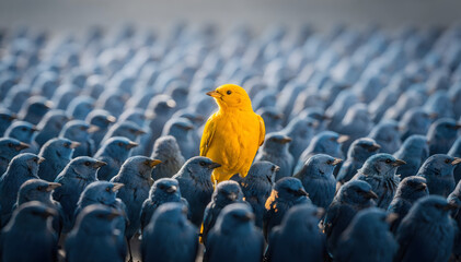Obraz premium Vibrant yellow bird stands out amidst a large flock of blue-grey birds, symbolizing individuality, diversity, and uniqueness in a monochrome crowd
