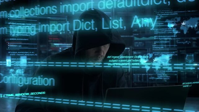 Anonymous Programmer Surrounded By Holographic Projections Analyzing Security Threats In Dimly Lit Space