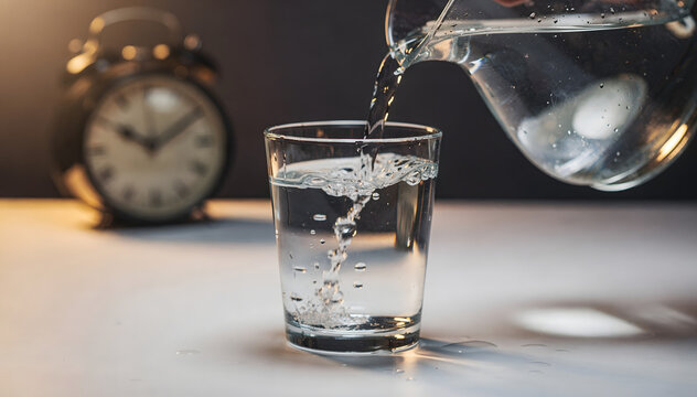Clear refresh liquid flow from glass jug to beverage cup with bubble splas on table with a clear blur background water alarm clock black object