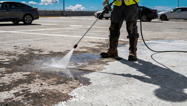Professional worker pressure wash outdoor concrete parking lot surface during a sunny day to remove dirt and grime, providing essential cleaning and maintenance