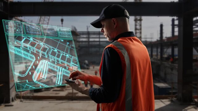 Site Manager Reviews Digital Holographic Visualization Of Construction Blueprint And Equipment Placement