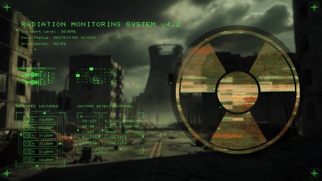 Harsh Radiation Symbols Dominate Skyline As Reconnaissance Drones Survey Hazardous Environment