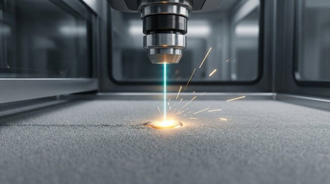 A high-precision laser melts metal powder in a 3D printer for industrial additive manufacturing. 3D printing, metal technology, industrial innovation.