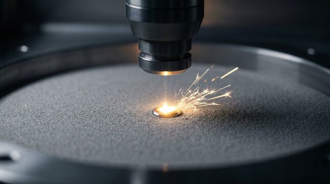 An industrial laser 3D printer melts metal powder with sparks in a factory, additive manufacturing innovation, advanced technology themes.