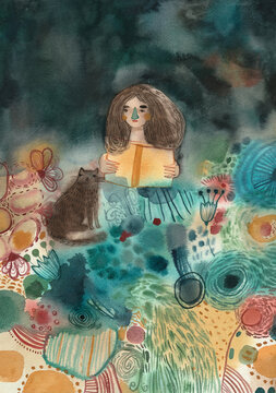 A girl reading a book in a bed accompanied by a cat, with lots of patterns and colours around. 