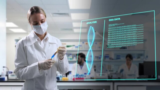 Female Scientist Focuses Intently On DNA Sequencing With Holographic Data Projection And Advanced Equipment