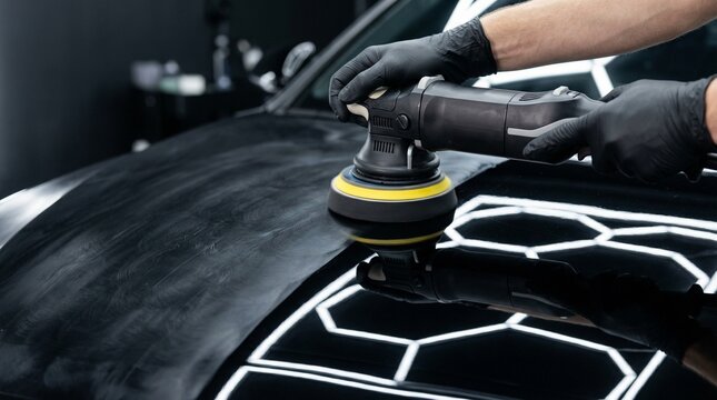 Close-up of a technician polishing a black vehicle hood with a rotary tool under studio lights, automotive restoration, car paint correction.