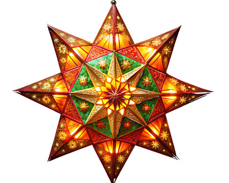 Colorful star shaped Christmas lantern with red green and gold details on white background isolated on a transparent background