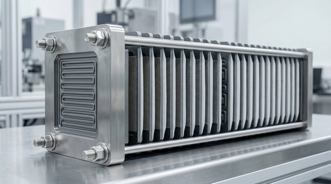 High-tech industrial fuel cell stack or electrochemical reactor in a lab, renewable energy technology, sustainable power generation, green hydrogen.