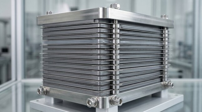 Stack of precision metal plates for an industrial battery or energy storage system, advanced engineering, manufacturing innovation, power hardware.