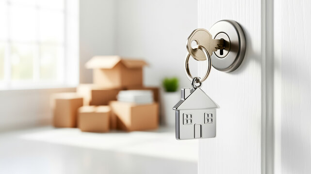 Keys with a house design hang on a door lock. In the background, there are several boxes stacked, indicating a move in progress. Natural light enters through a window.