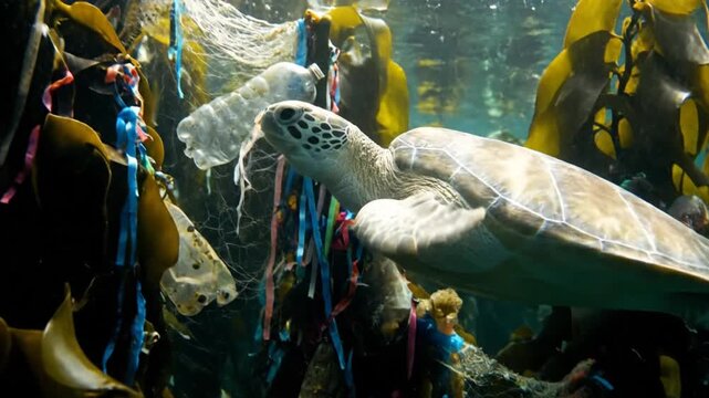 Sea turtle trapped in plastic waste underwater scene in the ocean