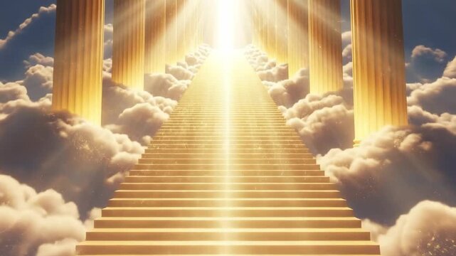 Golden Stairway to Heaven with Radiant Divine Light Between Majestic Columns Above Clouds, Celestial Path to Paradise Concept, Spiritual Faith, Salvation and Eternal Hope Background in Dreamlike Sky