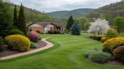 Serenity in Nature: Charming House Surrounded by Lush Greenery and Colorful Flowering Shrubs under Cloudy Sky