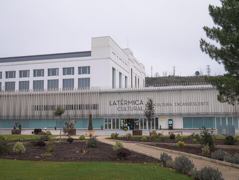 Ponferrada, Leon, Spain; 01-18-2026: Main facade of "La T&eacute;rmica Cultural", and the text: Incandescent culture, prominent cultural and art center located in the former Compostilla I thermal power plant