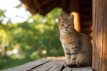 Obraz premium Domestic tabby cat sitting on a rustic wooden porch with soft natural greenery in the background. Peaceful countryside pet portrait with warm natural light