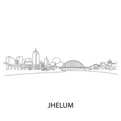 Naklejka premium A minimalist line art illustration of the Jhelum city skyline with a prominent bridge and buildings