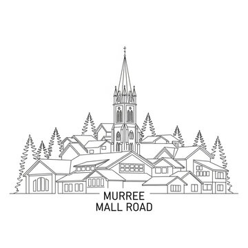 A black and white line drawing of a church and houses on Murree Mall Road