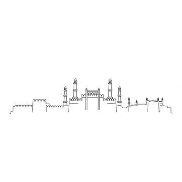A minimalist line art illustration of a fort with towers and battlements