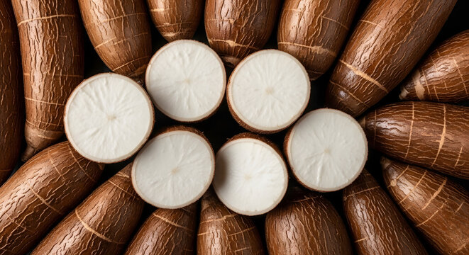 A close-up, overhead view of fresh, raw yucca root vegetables, with several sliced open to reveal their white, starchy interior, surrounded by whole tubers