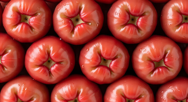 A vibrant, close-up, overhead view of ripe, red rose apples, artfully arranged in a repeating pattern