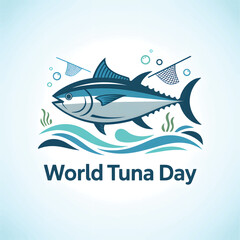 Obraz premium Stylized tuna fish swimming in blue waves with nets and bubbles in the ocean water