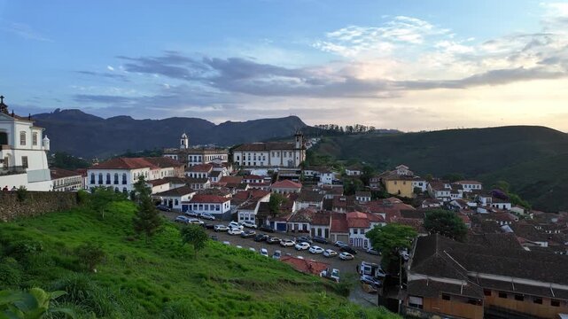 Ouro Preto, Brazil: Panorama of Ouro Preto old town with the Church of Our Lady of Mount Carmel and the Inconfidencia museum in Minas Gerais during the rainy season after a storm in southern Brazil