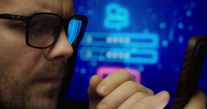 Close-up of a man using a smartphone with a login interface in the background, representing two factor authentication, enhanced account security, and protection against unauthorized access.