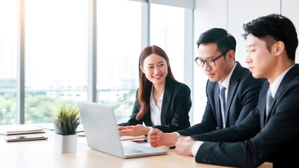 ノートパソコンを囲んで打ち合わせをするビジネスチーム