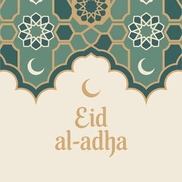 Islamic geometric pattern with crescent moons and Eid al- Adha text, arabesque arabian