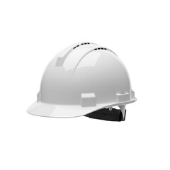 Fototapeta premium A white construction helmet with a black adjustable headband and chin strap. isolated on transparent background