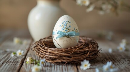 Obraz premium Hand-painted decorative Easter egg with blue floral design and ribbon resting in a rustic twig nest on a wooden table with scattered blossoms