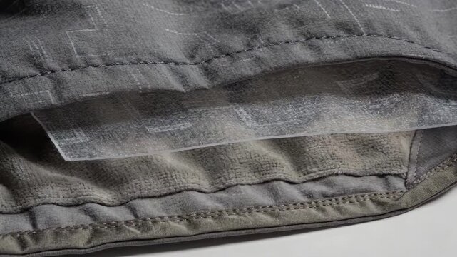 Closeup medium shot of a 3layer waterproof breathable jacket highlighting durable membrane sandwiched between outer fabric and inner lining designed for enhanced protection and