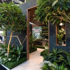 Fototapeta premium Tranquil indoor garden with modern design elements, lush greenery, and inviting natural light for relaxation and inspiration