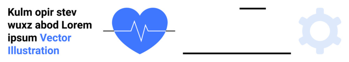 Health technology, innovation, medical services, telemedicine, analytics, diagnostics. Blue heart with ECG line, settings gear and blank text area. Health technology and innovation concept